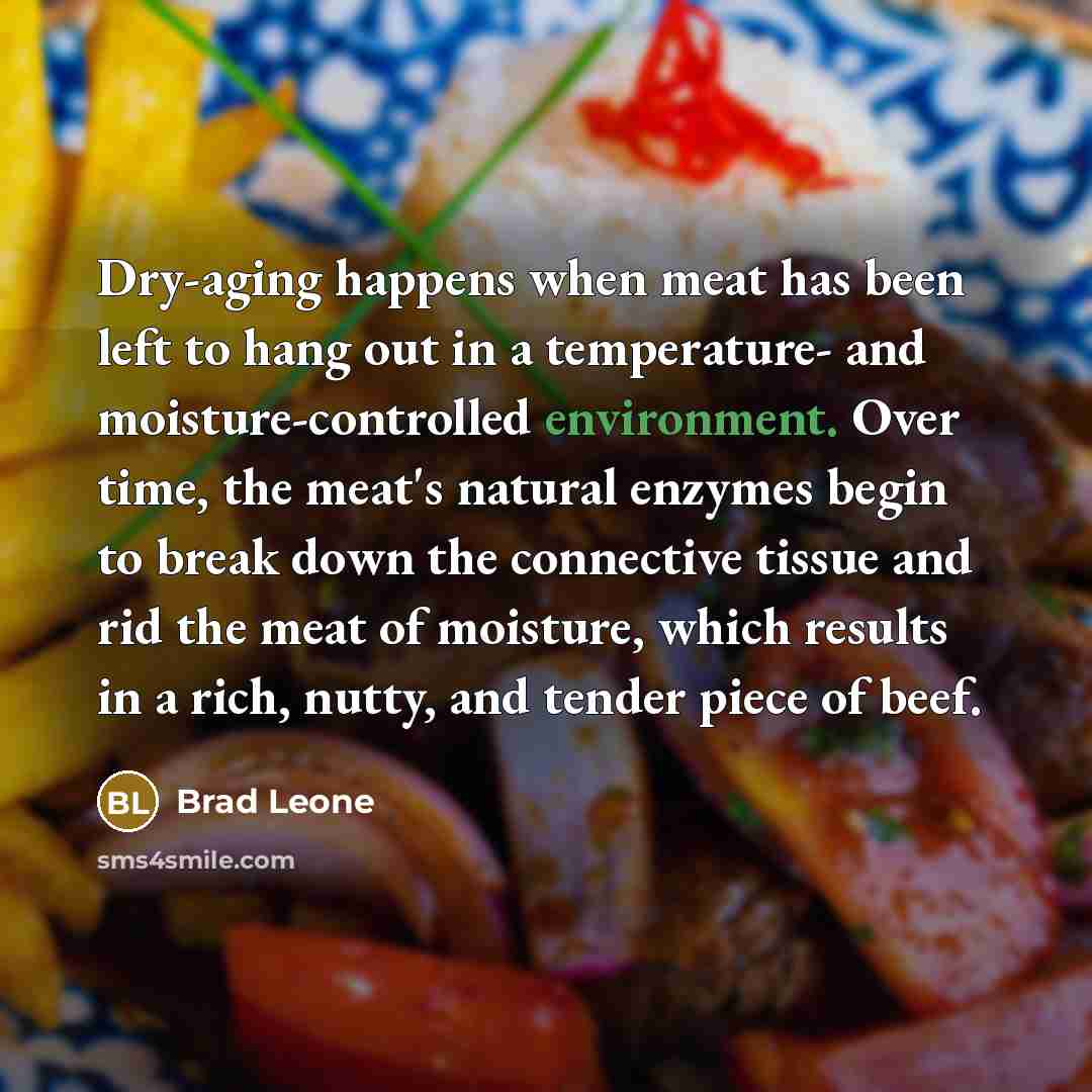 “Dry-aging happens when meat has been left to hang out in a temperature- and moisture-controlled environment. Over time, the meat's natural enzymes begin to break down the connective tissue and rid the meat of moisture, which results in a rich, nutty, and tender piece of beef.” quote by Brad Leone