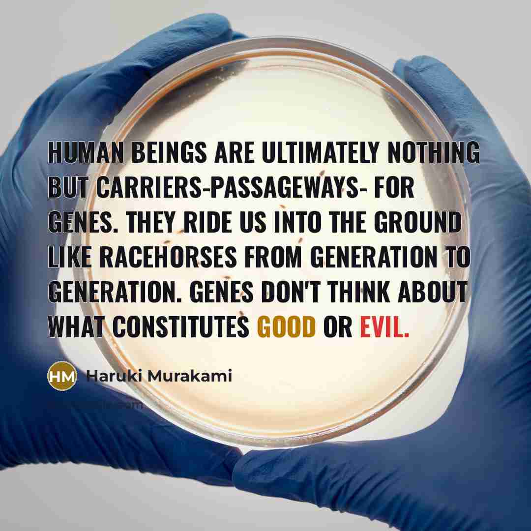 “Human beings are ultimately nothing but carriers-passageways- for genes. They ride us into the ground like racehorses from generation to generation. Genes don't think about what constitutes good or evil.” quote by Haruki Murakami