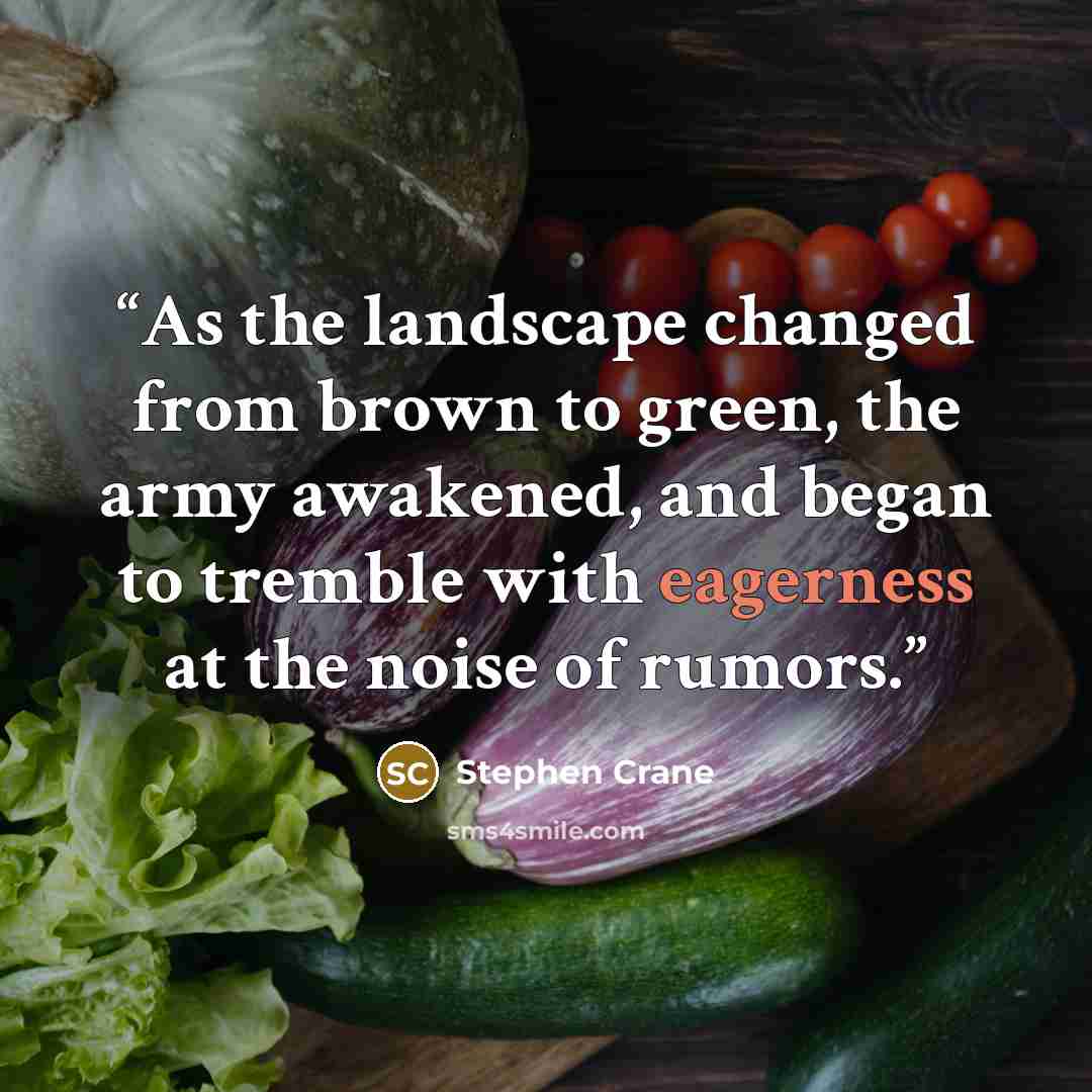 “As the landscape changed from brown to green, the army awakened, and began to tremble with eagerness at the noise of rumors.” quote by Stephen Crane