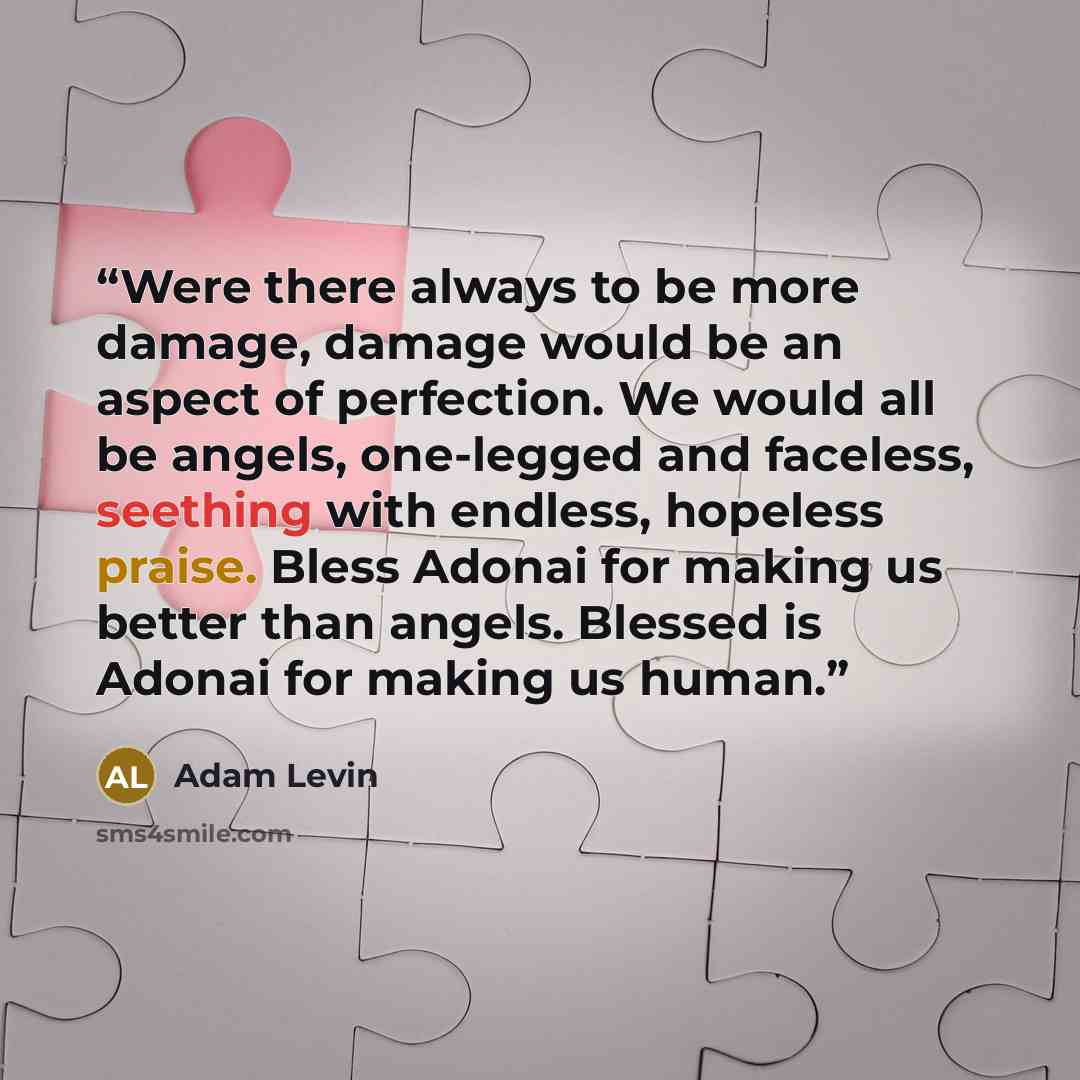 “Were there always to be more damage, damage would be an aspect of perfection. We would all be angels, one-legged and faceless, seething with endless, hopeless praise. Bless Adonai for making us better than angels. Blessed is Adonai for making us human.” quote by Adam Levin