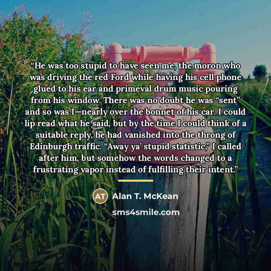 “He was too stupid to have seen me, the moron who was driving the red Ford while having his cell phone glued to his ear and primeval drum music pouring from his window. There was no doubt he was “sent” and so was I—nearly over the bonnet of his car. I could lip read what he said, but by the time I…” quote by Alan T. McKean
