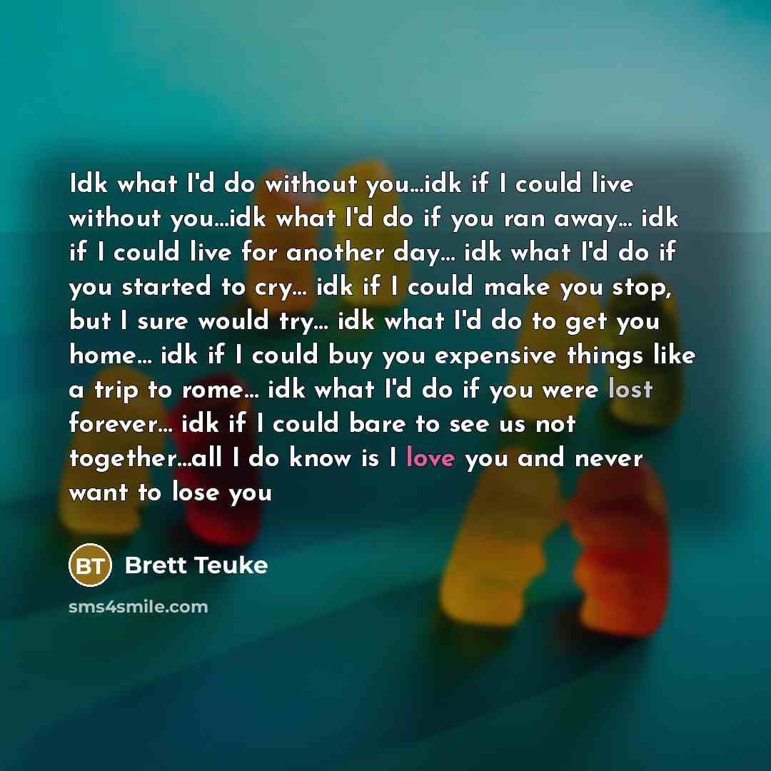 “Idk what I'd do without you...idk if I could live without you…idk what I'd do if you ran away... idk if I could live for another day… idk what I'd do if you started to cry… idk if I could make you stop, but I sure would try… idk what I'd do to get you home… idk if I could buy you expensive things…” quote by Brett Teuke