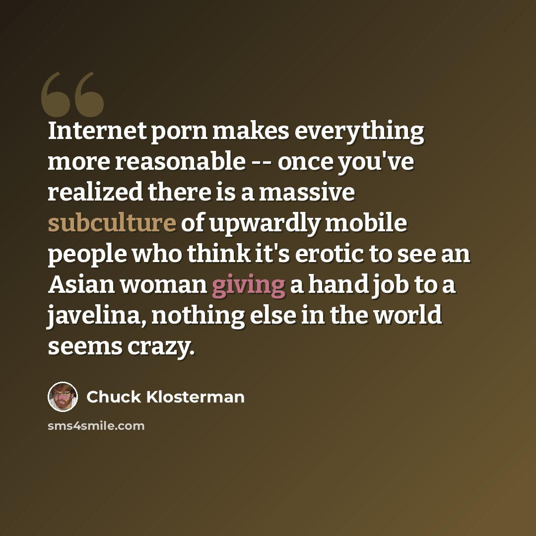 “Internet porn makes everything more reasonable -- once you've realized there is a massive subculture of upwardly mobile people who think it's erotic to see an Asian woman giving a hand job to a javelina, nothing else in the world seems crazy.” quote by Chuck Klosterman