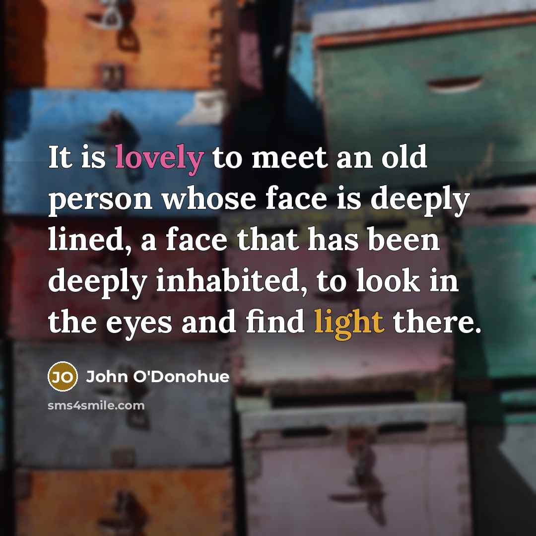 “It is lovely to meet an old person whose face is deeply lined, a face that has been deeply inhabited, to look in the eyes and find light there.” quote by John O'Donohue