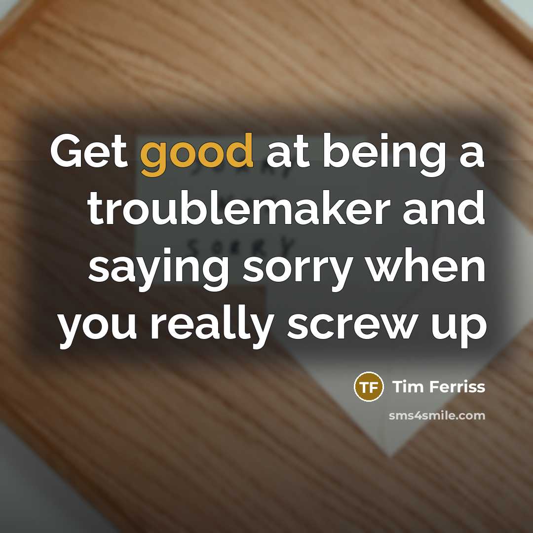 “Get good at being a troublemaker and saying sorry when you really screw up” quote by Tim Ferriss