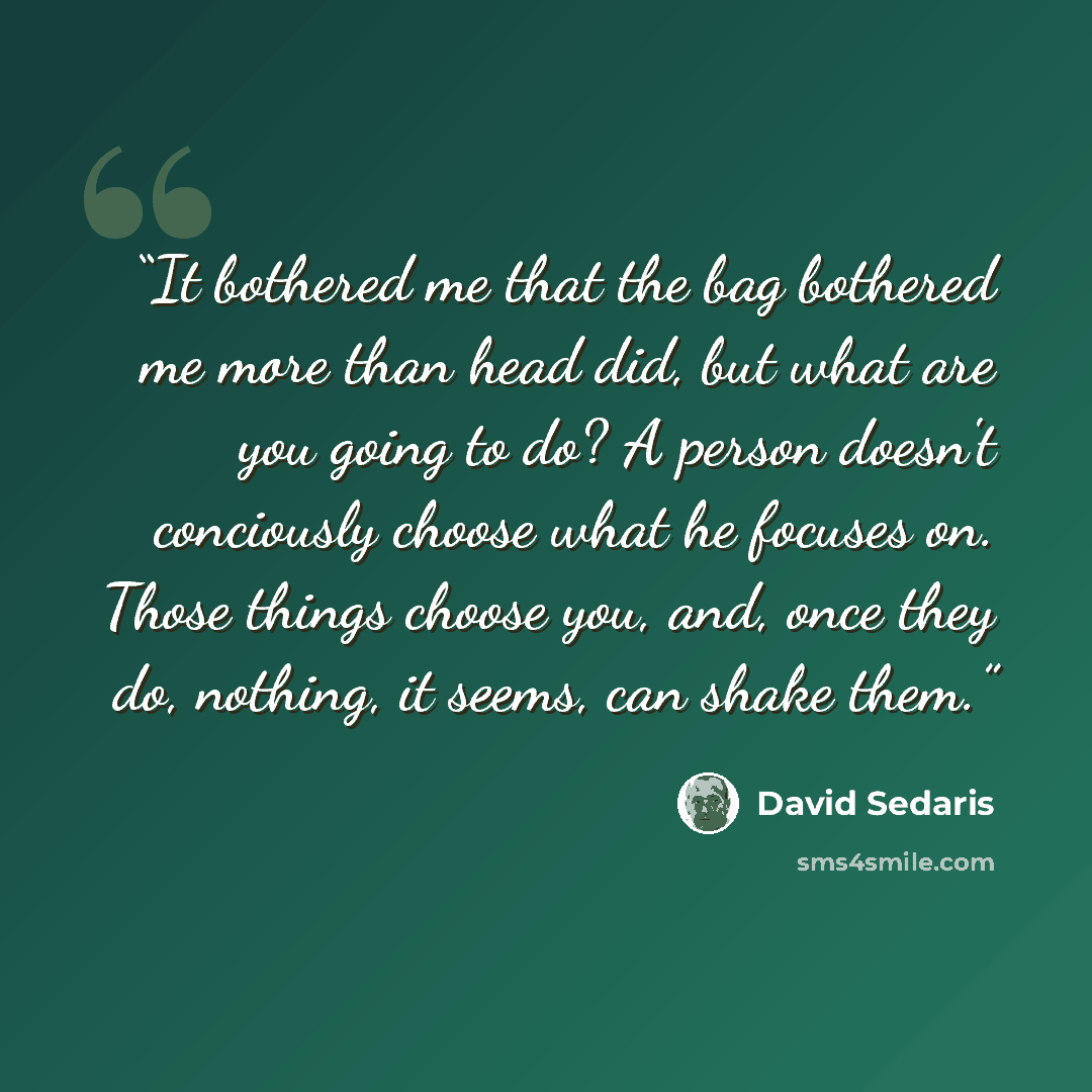 “It bothered me that the bag bothered me more than head did, but what are you going to do? A person doesn't conciously choose what he focuses on. Those things choose you, and, once they do, nothing, it seems, can shake them.” quote by David Sedaris