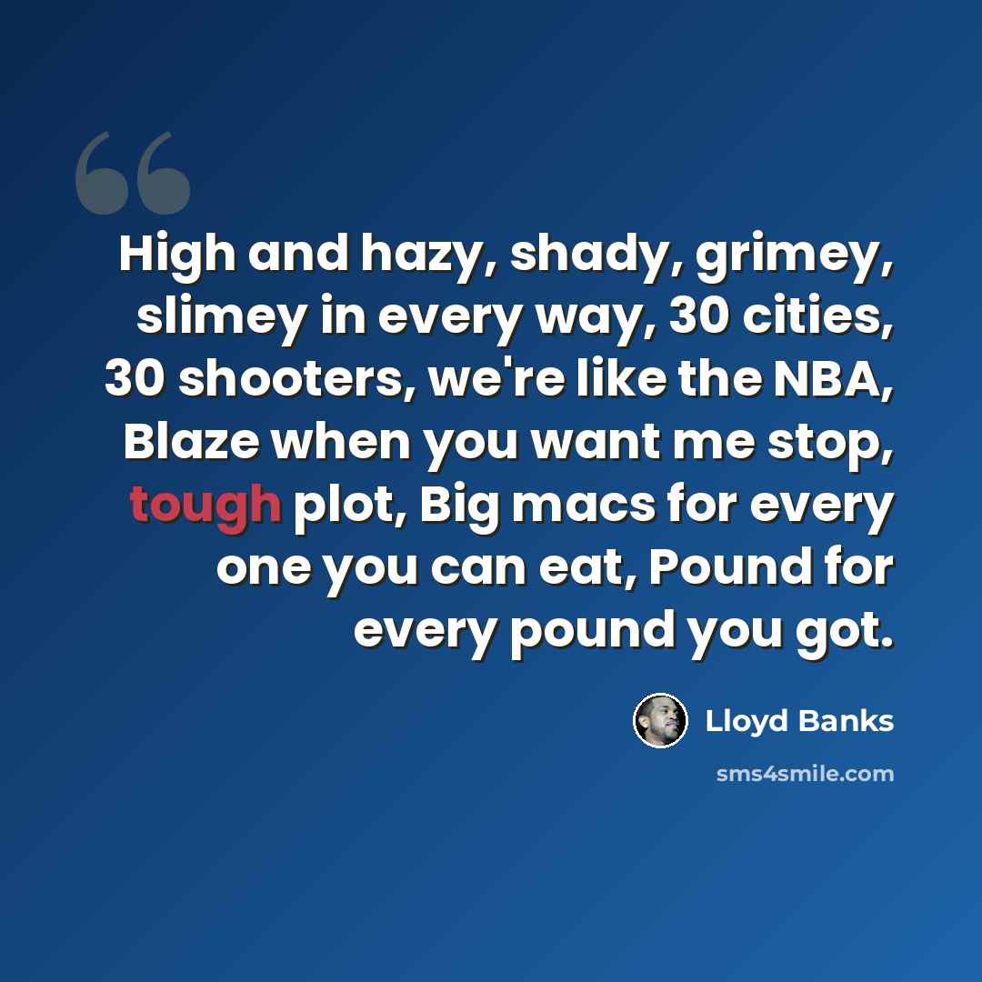 “High and hazy, shady, grimey, slimey in every way, 30 cities, 30 shooters, we're like the NBA, Blaze when you want me stop, tough plot, Big macs for every one you can eat, Pound for every pound you got.” quote by Lloyd Banks