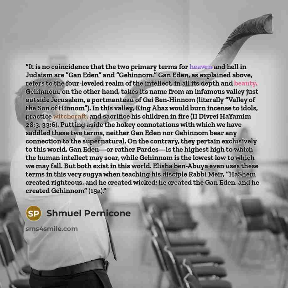 “It is no coincidence that the two primary terms for heaven and hell in Judaism are “Gan Eden” and “Gehinnom.” Gan Eden, as explained above, refers to the four-leveled realm of the intellect, in all its depth and beauty. Gehinnom, on the other hand, takes its name from an infamous valley just…” quote by Shmuel Pernicone