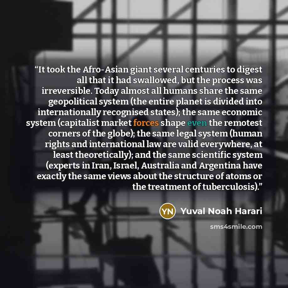 “It took the Afro-Asian giant several centuries to digest all that it had swallowed, but the process was irreversible. Today almost all humans share the same geopolitical system (the entire planet is divided into internationally recognised states); the same economic system (capitalist market forces…” quote by Yuval Noah Harari