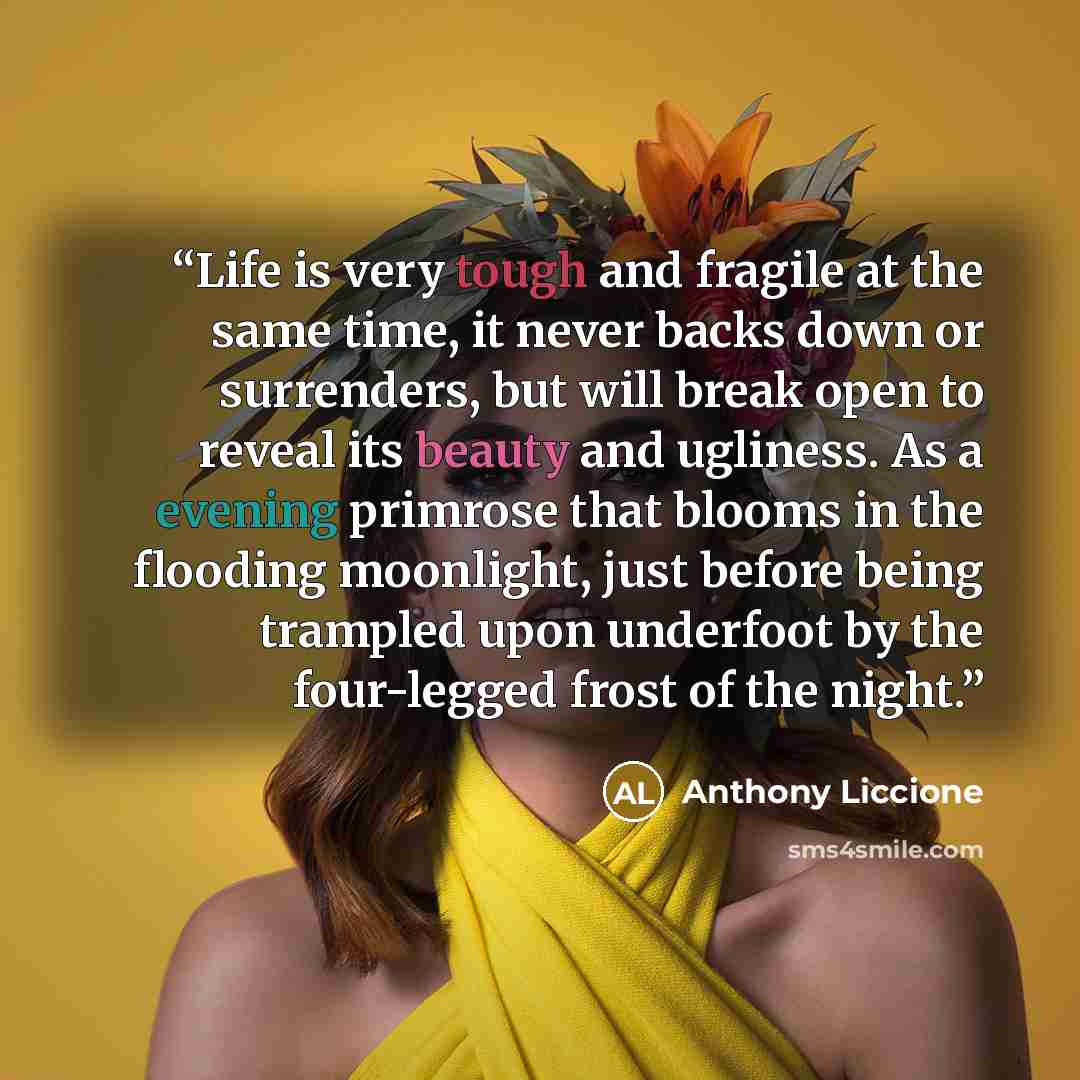 “Life is very tough and fragile at the same time, it never backs down or surrenders, but will break open to reveal its beauty and ugliness. As a evening primrose that blooms in the flooding moonlight, just before being trampled upon underfoot by the four-legged frost of the night.” quote by Anthony Liccione