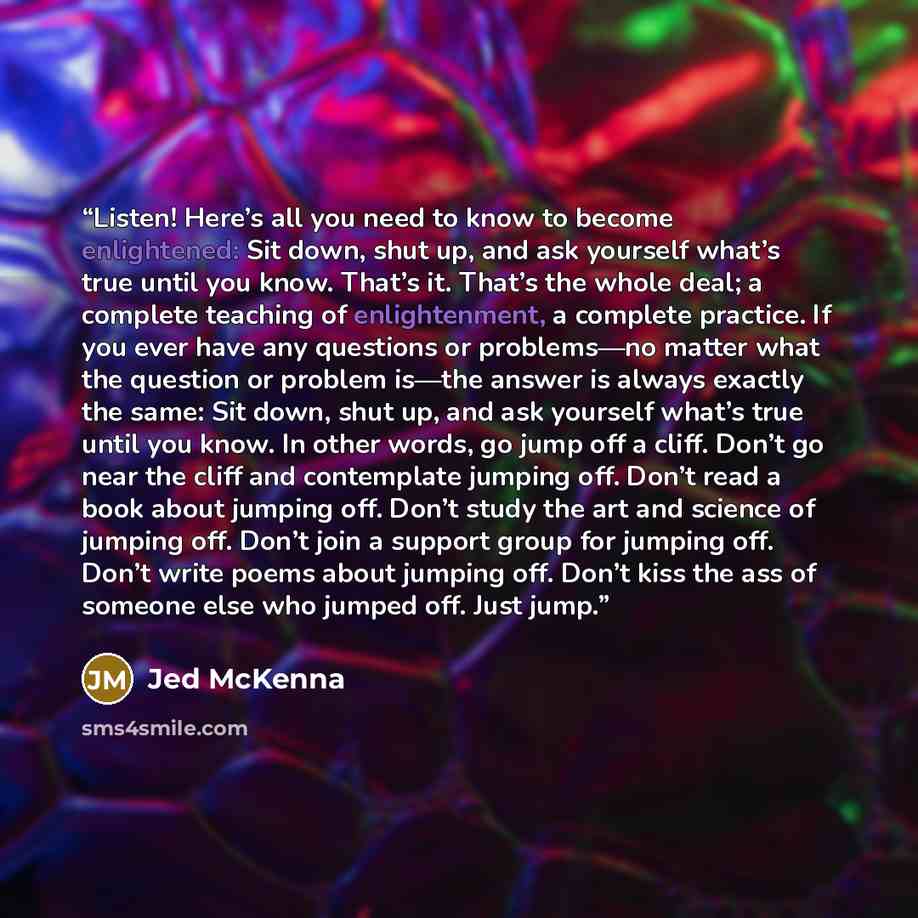 “Listen! Here’s all you need to know to become enlightened: Sit down, shut up, and ask yourself what’s true until you know. That’s it. That’s the whole deal; a complete teaching of enlightenment, a complete practice. If you ever have any questions or problems—no matter what the question or problem…” quote by Jed McKenna