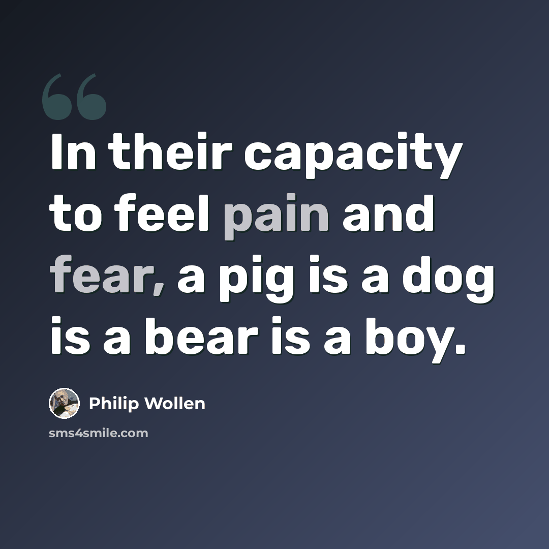 “In their capacity to feel pain and fear, a pig is a dog is a bear is a boy.” quote by Philip Wollen