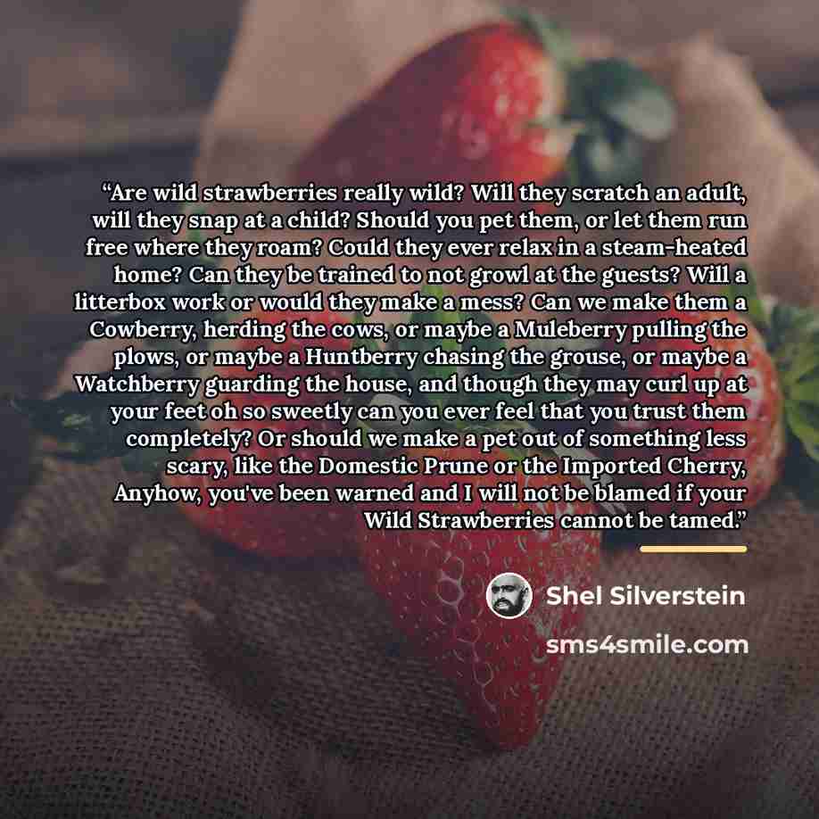 “Are wild strawberries really wild? Will they scratch an adult, will they snap at a child? Should you pet them, or let them run free where they roam? Could they ever relax in a steam-heated home? Can they be trained to not growl at the guests? Will a litterbox work or would they make a mess? Can we…” quote by Shel Silverstein
