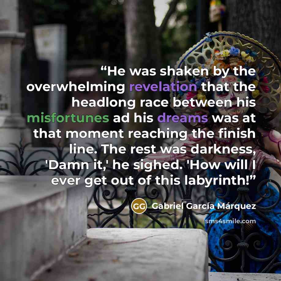 “He was shaken by the overwhelming revelation that the headlong race between his misfortunes ad his dreams was at that moment reaching the finish line. The rest was darkness, 'Damn it,' he sighed. 'How will I ever get out of this labyrinth!” quote by Gabriel García Márquez