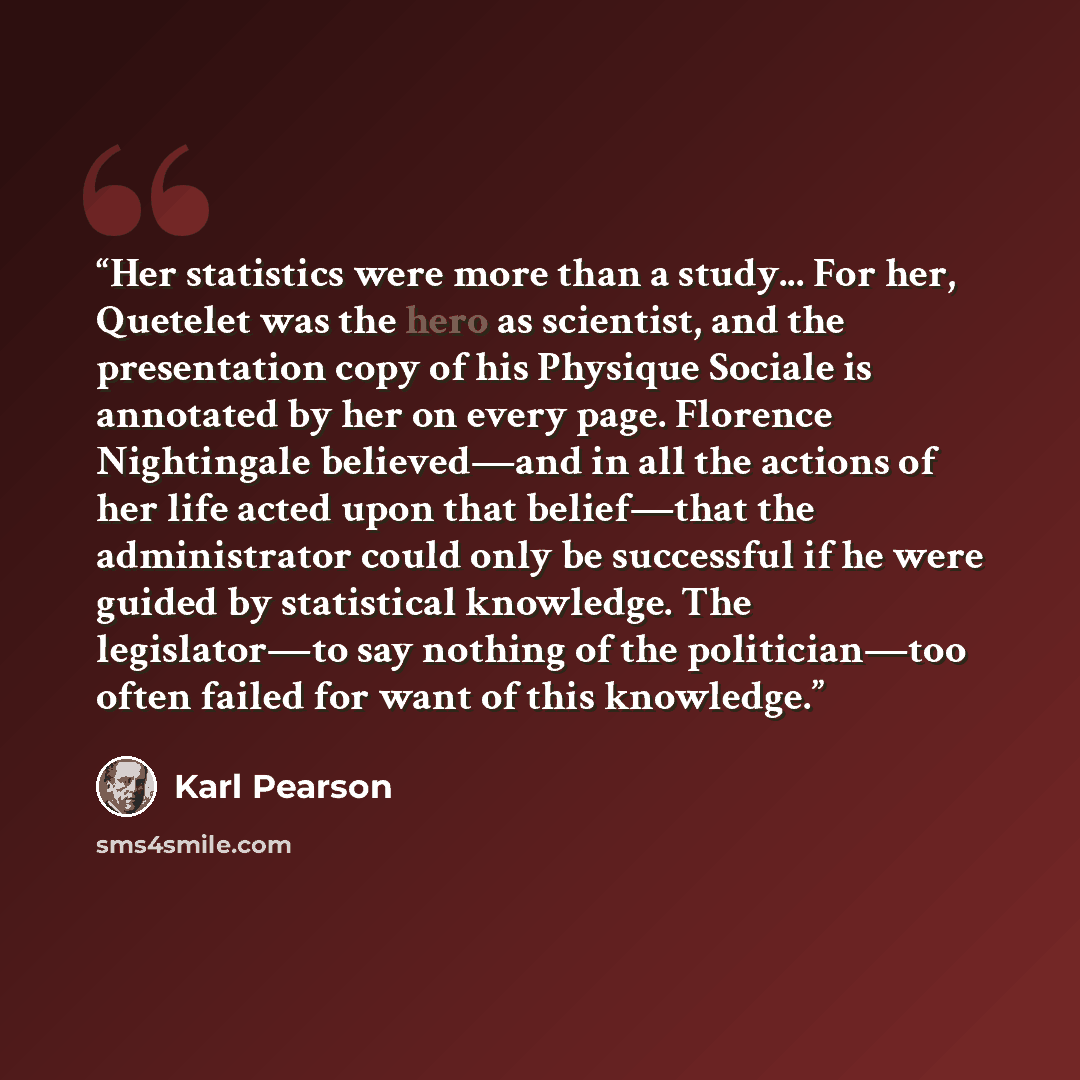 “Her statistics were more than a study... For her, Quetelet was the hero as scientist, and the presentation copy of his Physique Sociale is annotated by her on every page. Florence Nightingale believed—and in all the actions of her life acted upon that belief—that the administrator could only be…” quote by Karl Pearson
