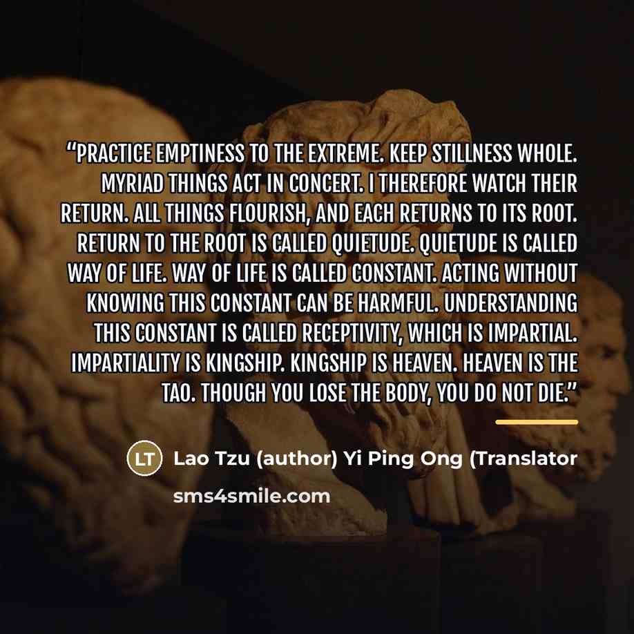 “Practice emptiness to the extreme. Keep stillness whole. Myriad things act in concert. I therefore watch their return. All things flourish, and each returns to its root. Return to the root is called Quietude. Quietude is called Way of Life. Way of Life is called Constant. Acting without knowing…” quote by Lao Tzu ( ) Yi Ping Ong