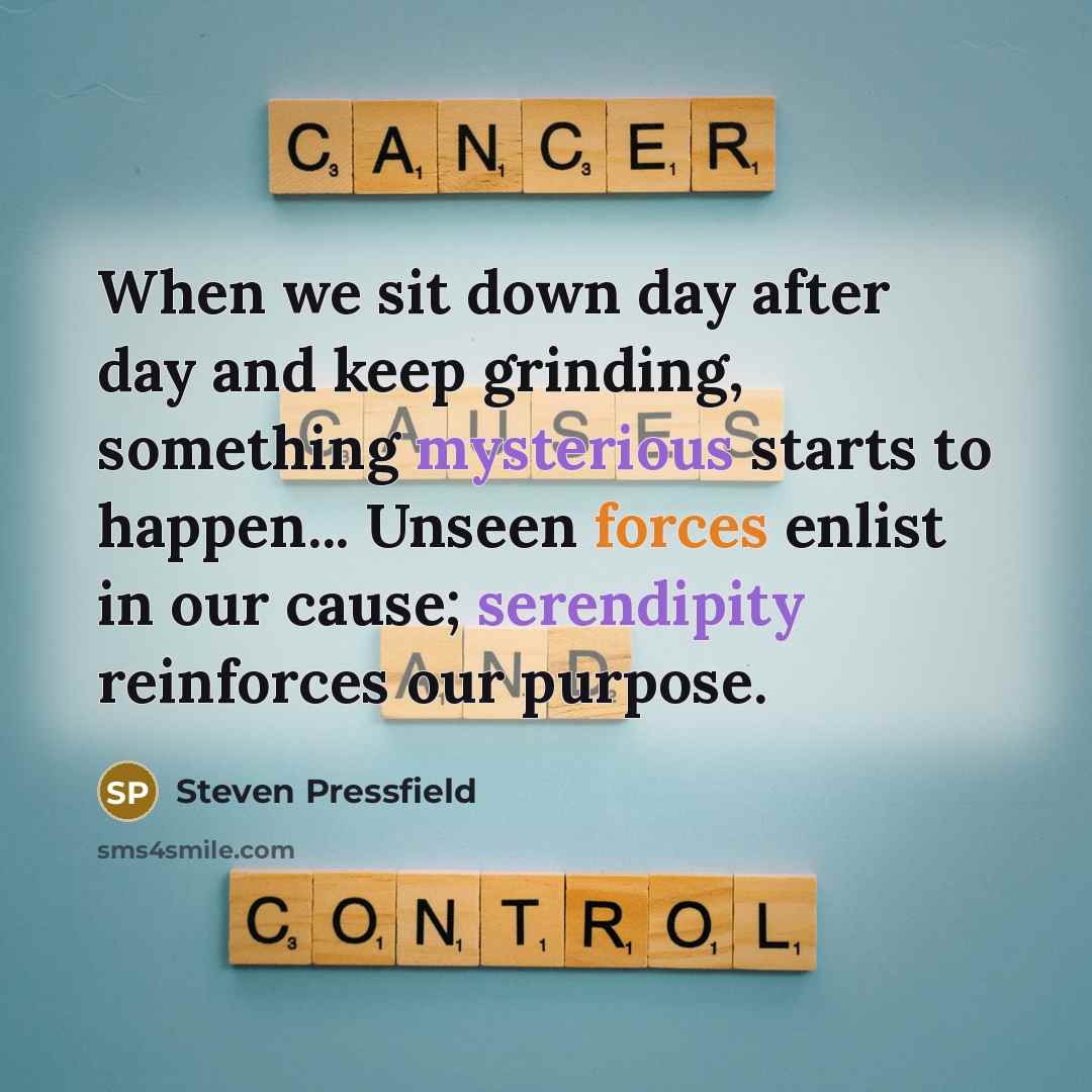 “When we sit down day after day and keep grinding, something mysterious starts to happen... Unseen forces enlist in our cause; serendipity reinforces our purpose.” quote by Steven Pressfield