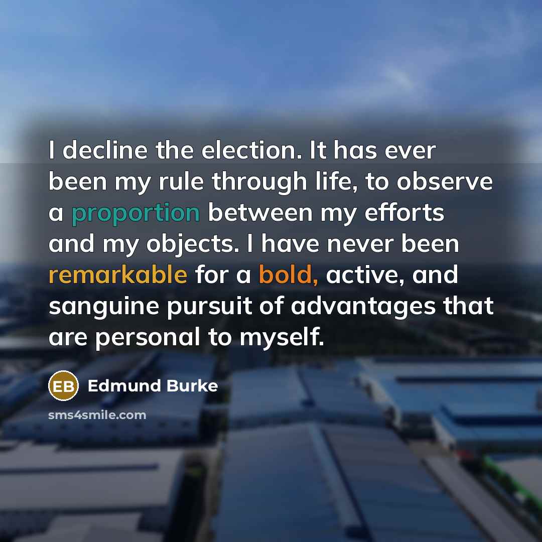 “I decline the election. It has ever been my rule through life, to observe a proportion between my efforts and my objects. I have never been remarkable for a bold, active, and sanguine pursuit of advantages that are personal to myself.” quote by Edmund Burke