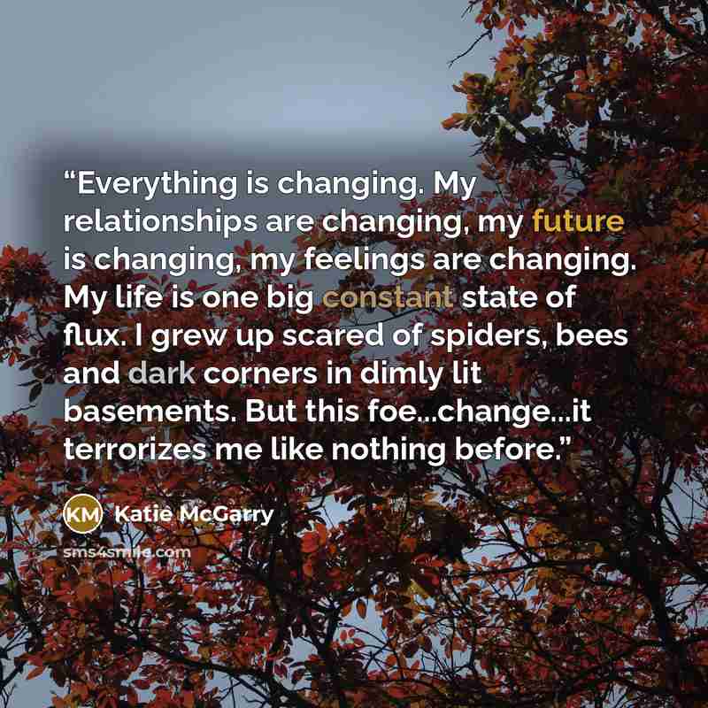 “Everything is changing. My relationships are changing, my future is changing, my feelings are changing. My life is one big constant state of flux. I grew up scared of spiders, bees and dark corners in dimly lit basements. But this foe...change...it terrorizes me like nothing before.” quote by Katie McGarry