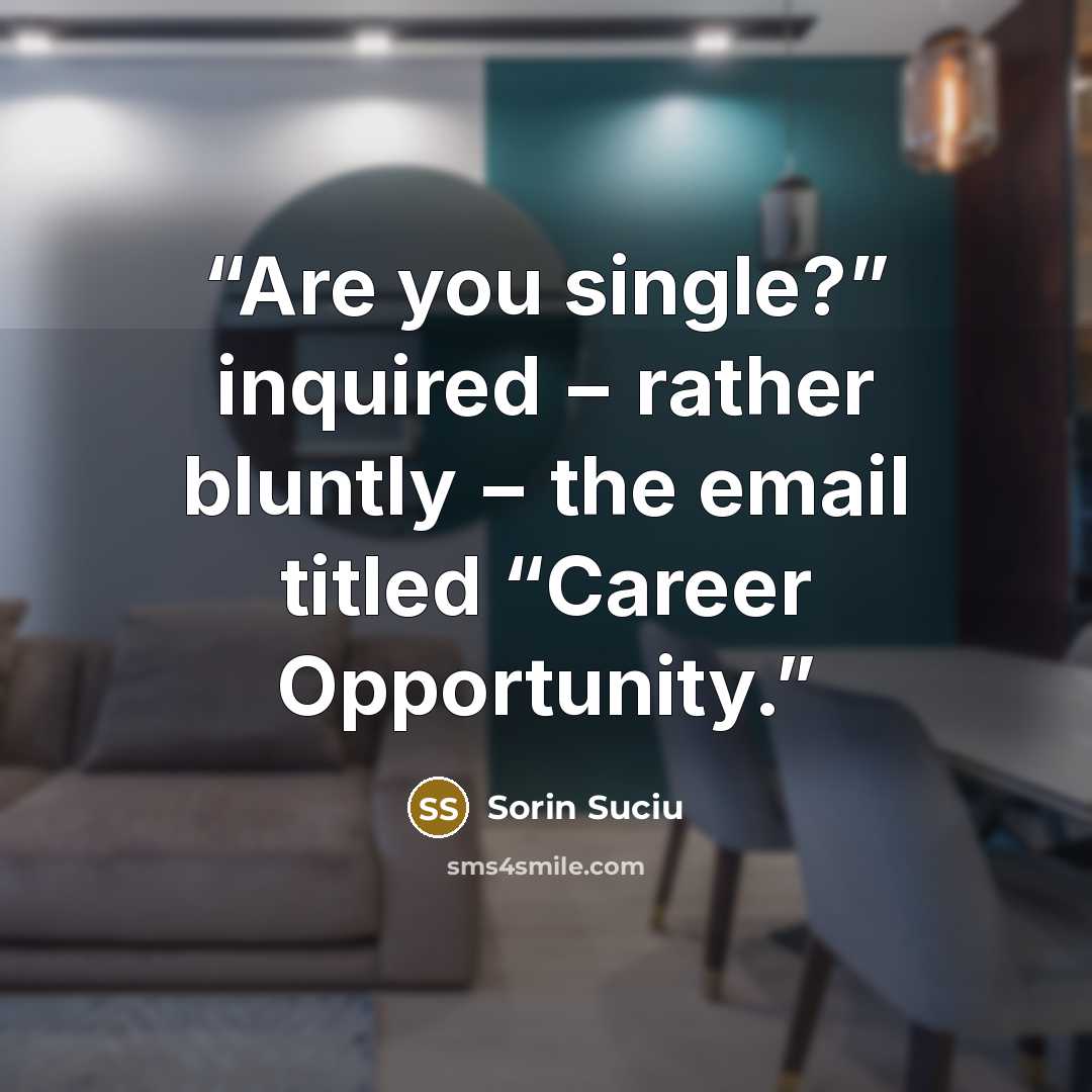 “Are you single?” inquired − rather bluntly − the email titled “Career Opportunity.” quote by Sorin Suciu