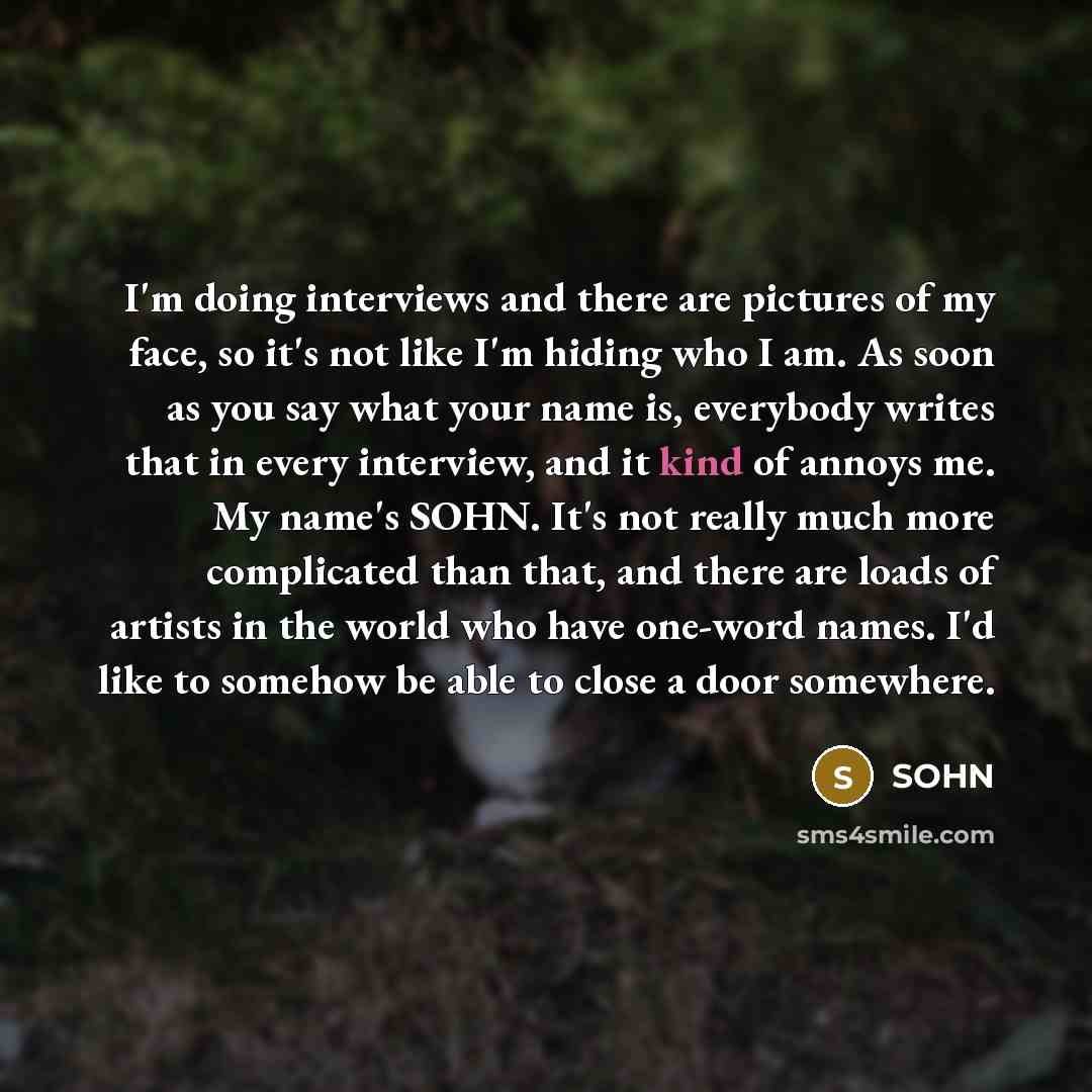 “I'm doing interviews and there are pictures of my face, so it's not like I'm hiding who I am. As soon as you say what your name is, everybody writes that in every interview, and it kind of annoys me. My name's SOHN. It's not really much more complicated than that, and there are loads of artists in…” quote by SOHN