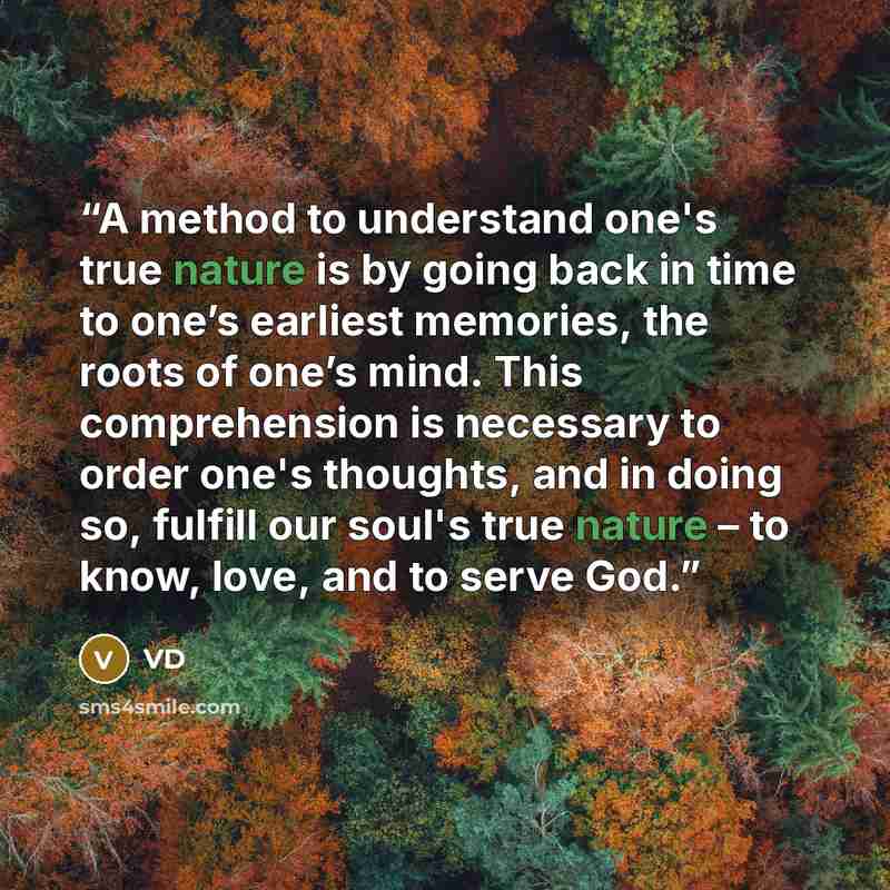 “A method to understand one's true nature is by going back in time to one’s earliest memories, the roots of one’s mind. This comprehension is necessary to order one's thoughts, and in doing so, fulfill our soul's true nature – to know, love, and to serve God.” quote by VD