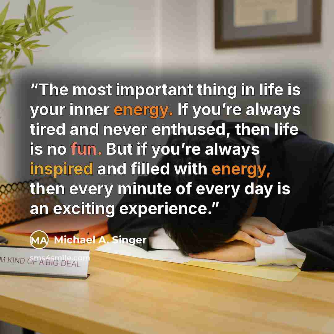“The most important thing in life is your inner energy. If you’re always tired and never enthused, then life is no fun. But if you’re always inspired and filled with energy, then every minute of every day is an exciting experience.” quote by Michael A. Singer