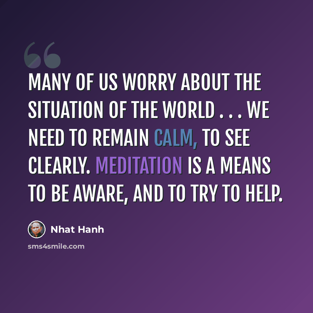 “Many of us worry about the situation of the world . . . We need to remain calm, to see clearly. Meditation is a means to be aware, and to try to help.” quote by Nhat Hanh