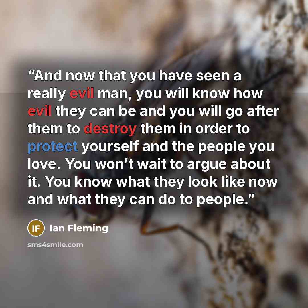 “And now that you have seen a really evil man, you will know how evil they can be and you will go after them to destroy them in order to protect yourself and the people you love. You won’t wait to argue about it. You know what they look like now and what they can do to people.” quote by Ian Fleming