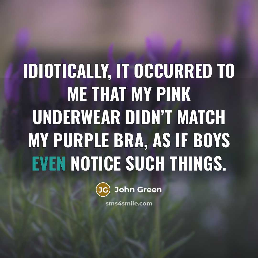 “Idiotically, it occurred to me that my pink underwear didn’t match my purple bra, as if boys even notice such things.” quote by John Green