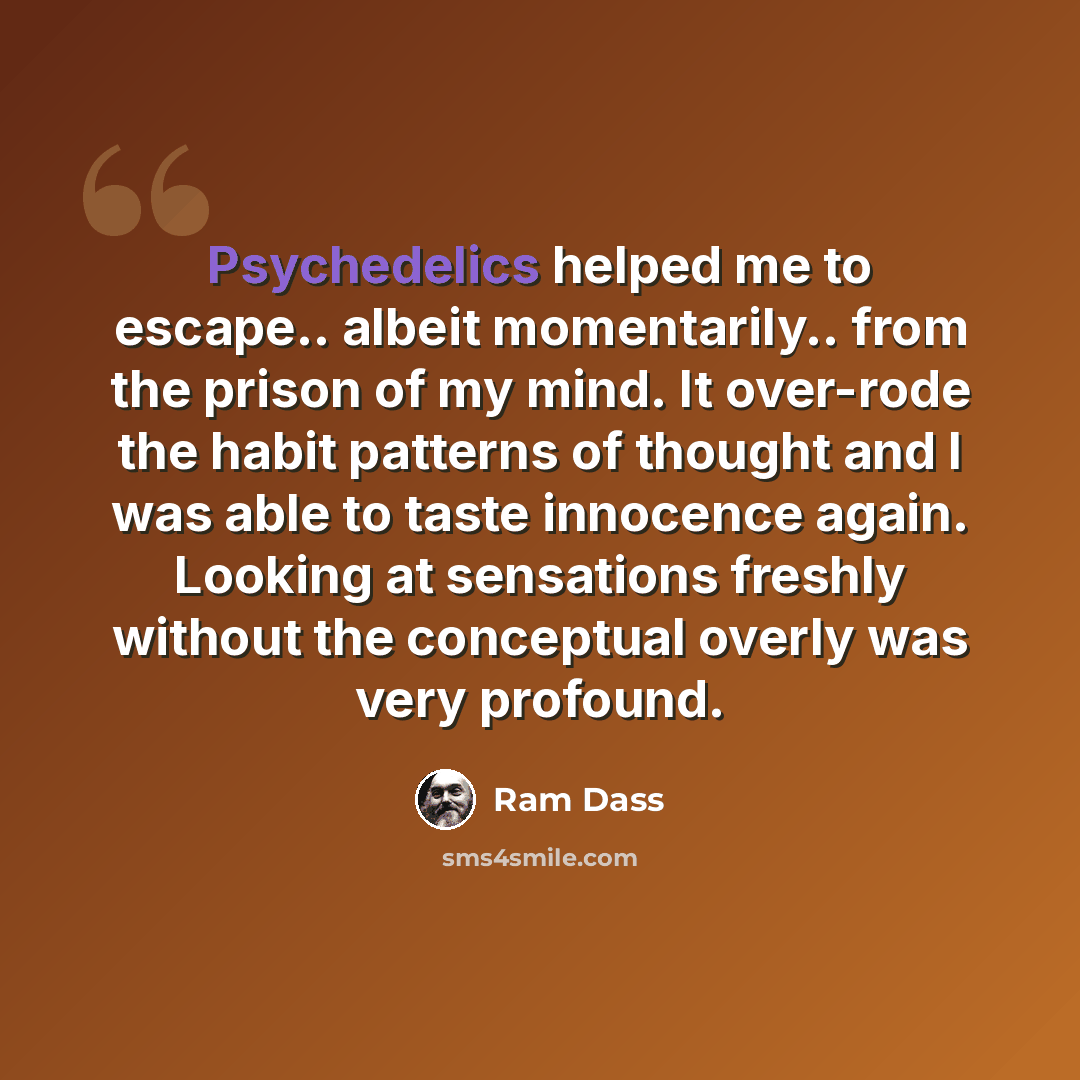 “Psychedelics helped me to escape.. albeit momentarily.. from the prison of my mind. It over-rode the habit patterns of thought and I was able to taste innocence again. Looking at sensations freshly without the conceptual overly was very profound.” quote by Ram Dass