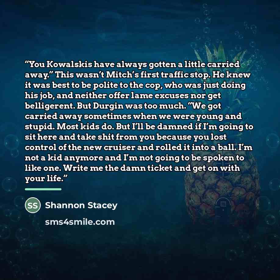 “You Kowalskis have always gotten a little carried away.” This wasn’t Mitch’s first traffic stop. He knew it was best to be polite to the cop, who was just doing his job, and neither offer lame excuses nor get belligerent. But Durgin was too much. “We got carried away sometimes when we were young…” quote by shannon stacey