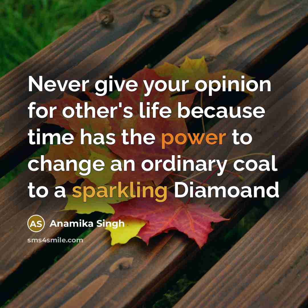 “Never give your opinion for other's life because time has the power to change an ordinary coal to a sparkling Diamoand” quote by Anamika Singh