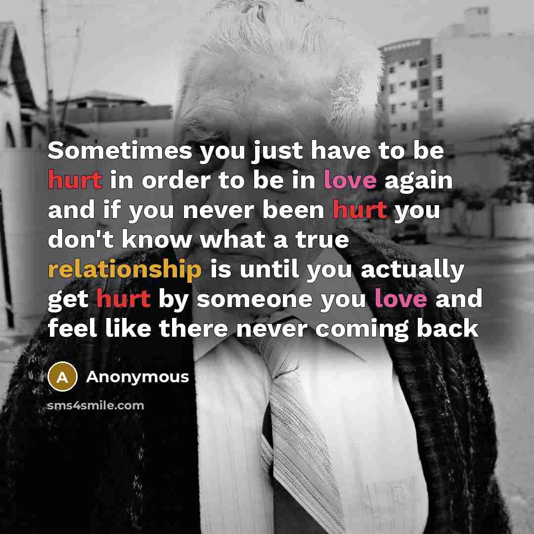 “Sometimes you just have to be hurt in order to be in love again and if you never been hurt you don't know what a true relationship is until you actually get hurt by someone you love and feel like there never coming back” quote by Anonymous
