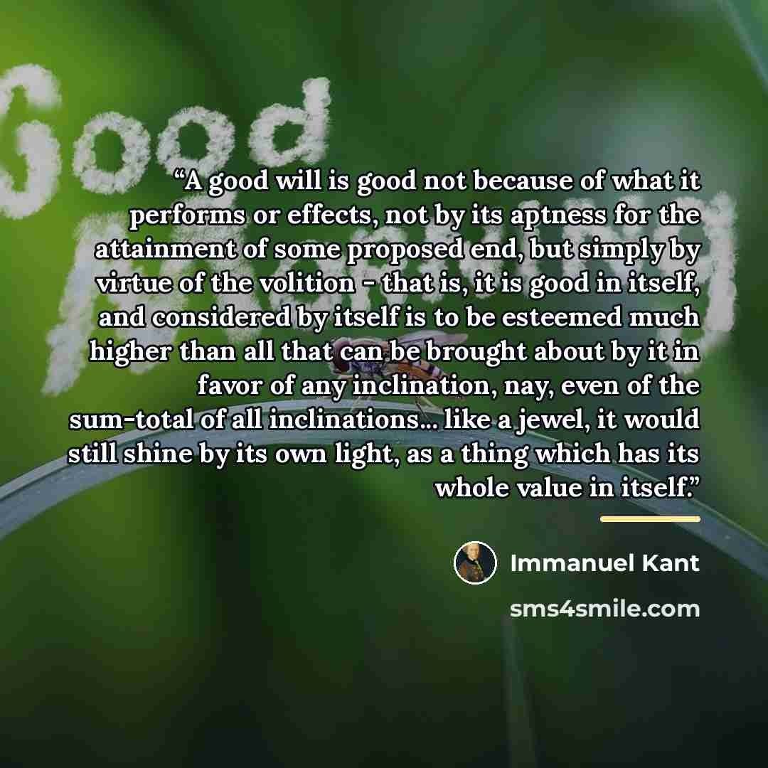 “A good will is good not because of what it performs or effects, not by its aptness for the attainment of some proposed end, but simply by virtue of the volition - that is, it is good in itself, and considered by itself is to be esteemed much higher than all that can be brought about by it in favor…” quote by Immanuel Kant