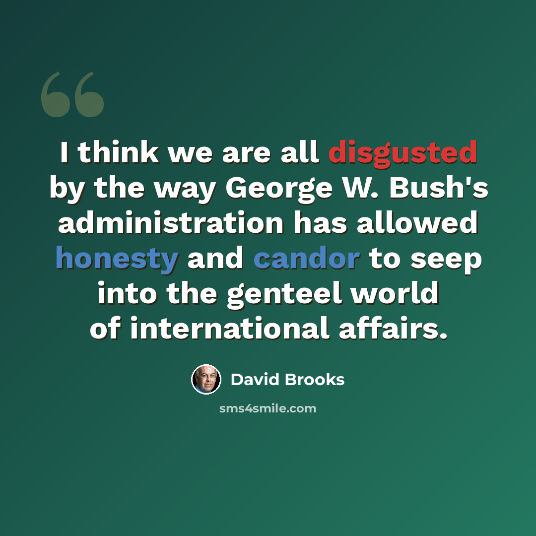 “I think we are all disgusted by the way George W. Bush's administration has allowed honesty and candor to seep into the genteel world of international affairs.” quote by David Brooks