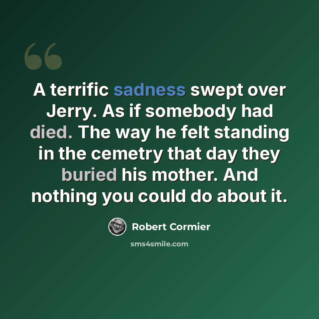 “A terrific sadness swept over Jerry. As if somebody had died. The way he felt standing in the cemetry that day they buried his mother. And nothing you could do about it.” quote by Robert Cormier