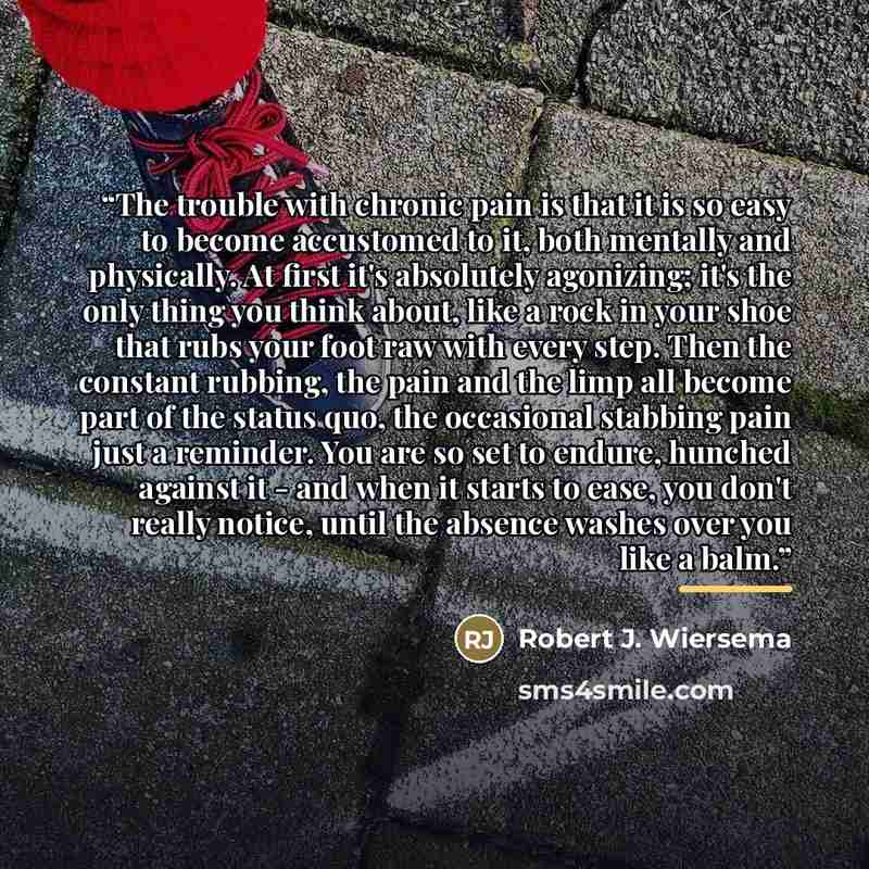 “The trouble with chronic pain is that it is so easy to become accustomed to it, both mentally and physically. At first it's absolutely agonizing; it's the only thing you think about, like a rock in your shoe that rubs your foot raw with every step. Then the constant rubbing, the pain and the limp…” quote by Robert J. Wiersema