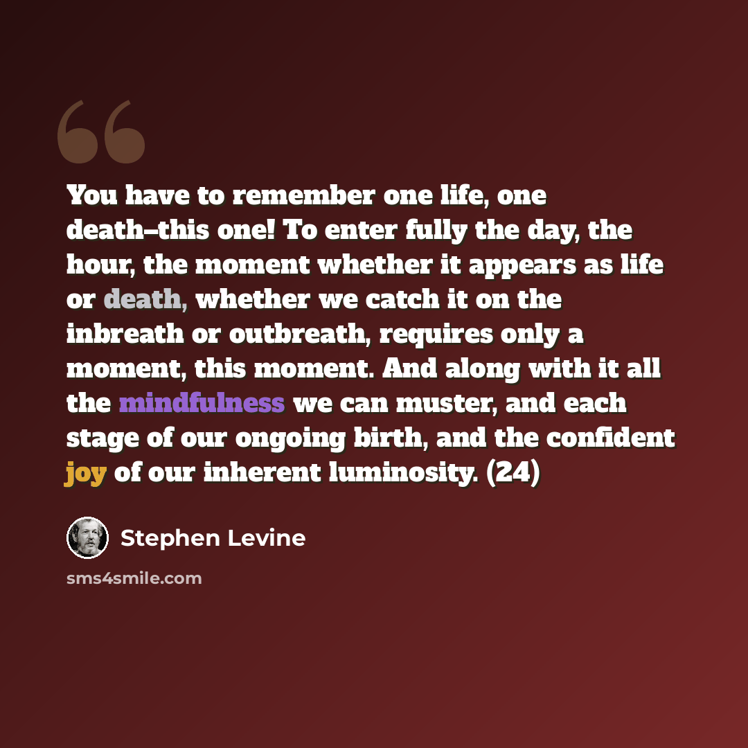 “You have to remember one life, one death–this one! To enter fully the day, the hour, the moment whether it appears as life or death, whether we catch it on the inbreath or outbreath, requires only a moment, this moment. And along with it all the mindfulness we can muster, and each stage of our…” quote by Stephen Levine