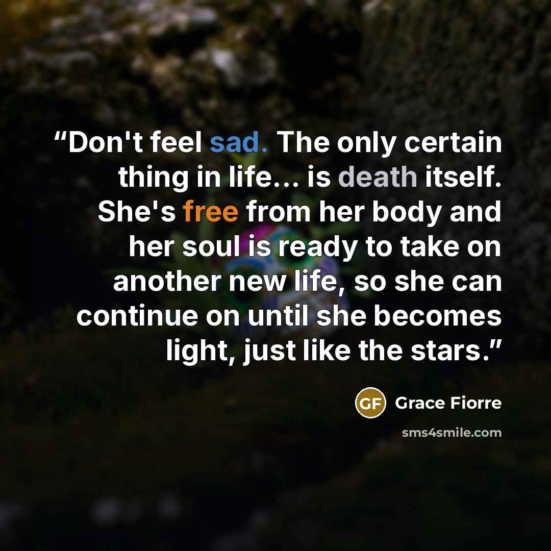 “Don't feel sad. The only certain thing in life... is death itself. She's free from her body and her soul is ready to take on another new life, so she can continue on until she becomes light, just like the stars.” quote by Grace Fiorre