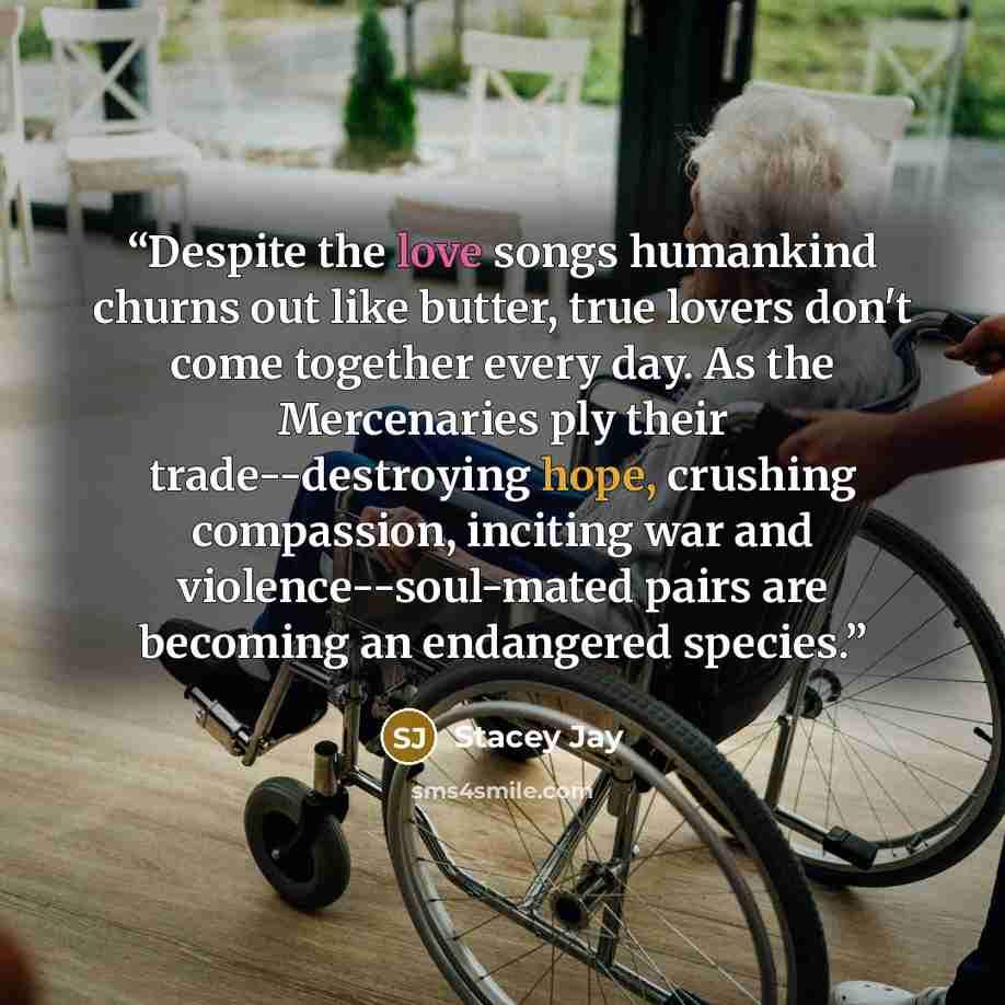 “Despite the love songs humankind churns out like butter, true lovers don't come together every day. As the Mercenaries ply their trade--destroying hope, crushing compassion, inciting war and violence--soul-mated pairs are becoming an endangered species.” quote by Stacey Jay