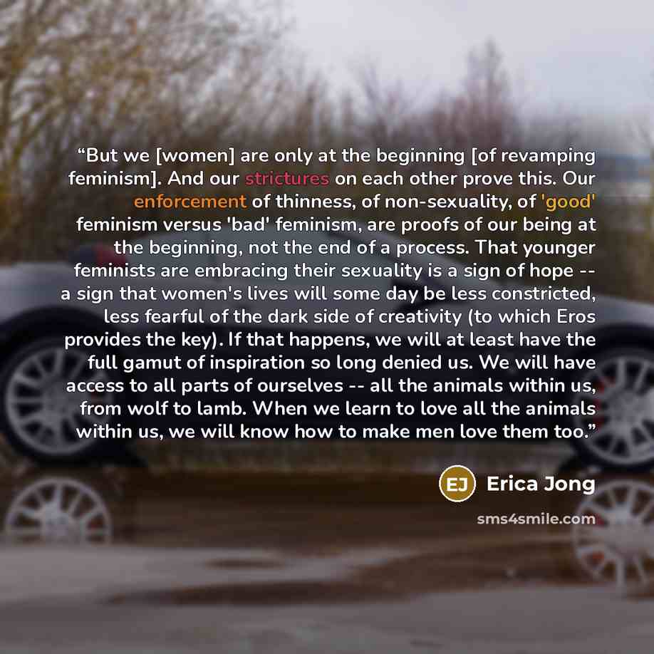 “But we [women] are only at the beginning [of revamping feminism]. And our strictures on each other prove this. Our enforcement of thinness, of non-sexuality, of 'good' feminism versus 'bad' feminism, are proofs of our being at the beginning, not the end of a process. That younger feminists are…” quote by Erica Jong