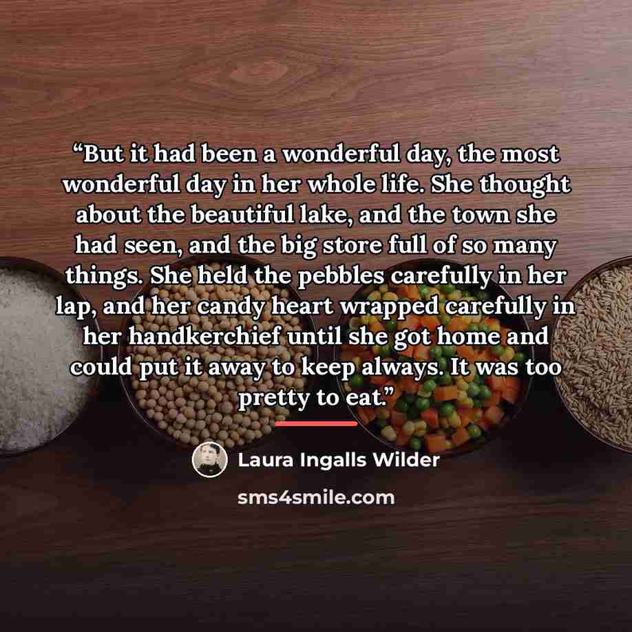 “But it had been a wonderful day, the most wonderful day in her whole life. She thought about the beautiful lake, and the town she had seen, and the big store full of so many things. She held the pebbles carefully in her lap, and her candy heart wrapped carefully in her handkerchief until she got…” quote by Laura Ingalls Wilder