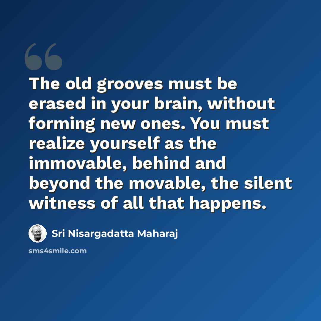 “The old grooves must be erased in your brain, without forming new ones. You must realize yourself as the immovable, behind and beyond the movable, the silent witness of all that happens.” quote by Sri Nisargadatta Maharaj