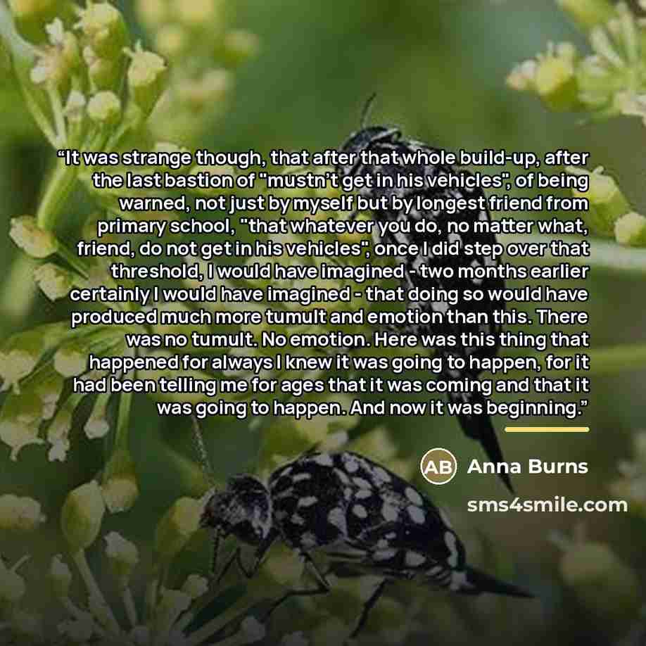 “It was strange though, that after that whole build-up, after the last bastion of "mustn't get in his vehicles", of being warned, not just by myself but by longest friend from primary school, "that whatever you do, no matter what, friend, do not get in his vehicles", once I did step over that…” quote by Anna Burns