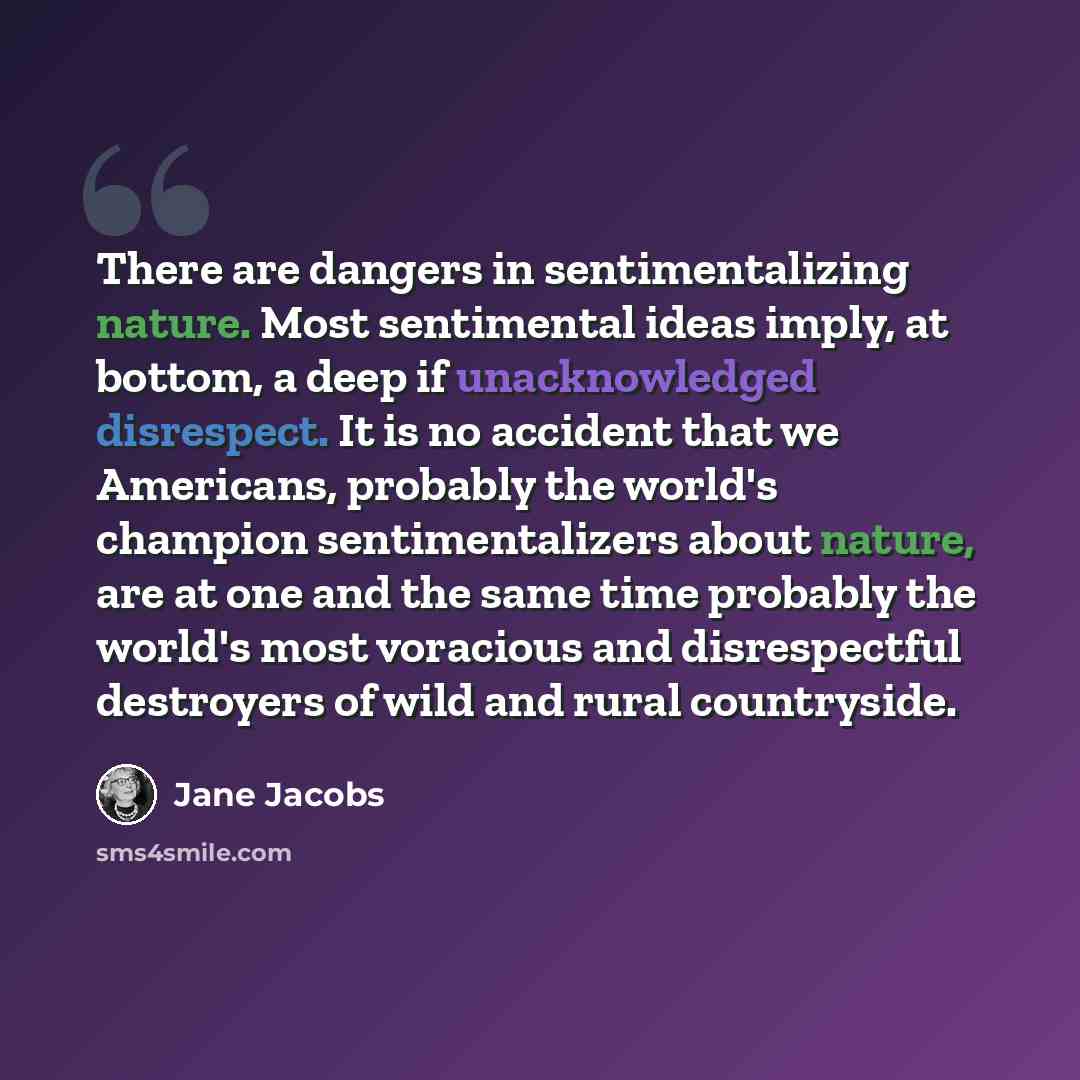 “There are dangers in sentimentalizing nature. Most sentimental ideas imply, at bottom, a deep if unacknowledged disrespect. It is no accident that we Americans, probably the world's champion sentimentalizers about nature, are at one and the same time probably the world's most voracious and…” quote by Jane Jacobs