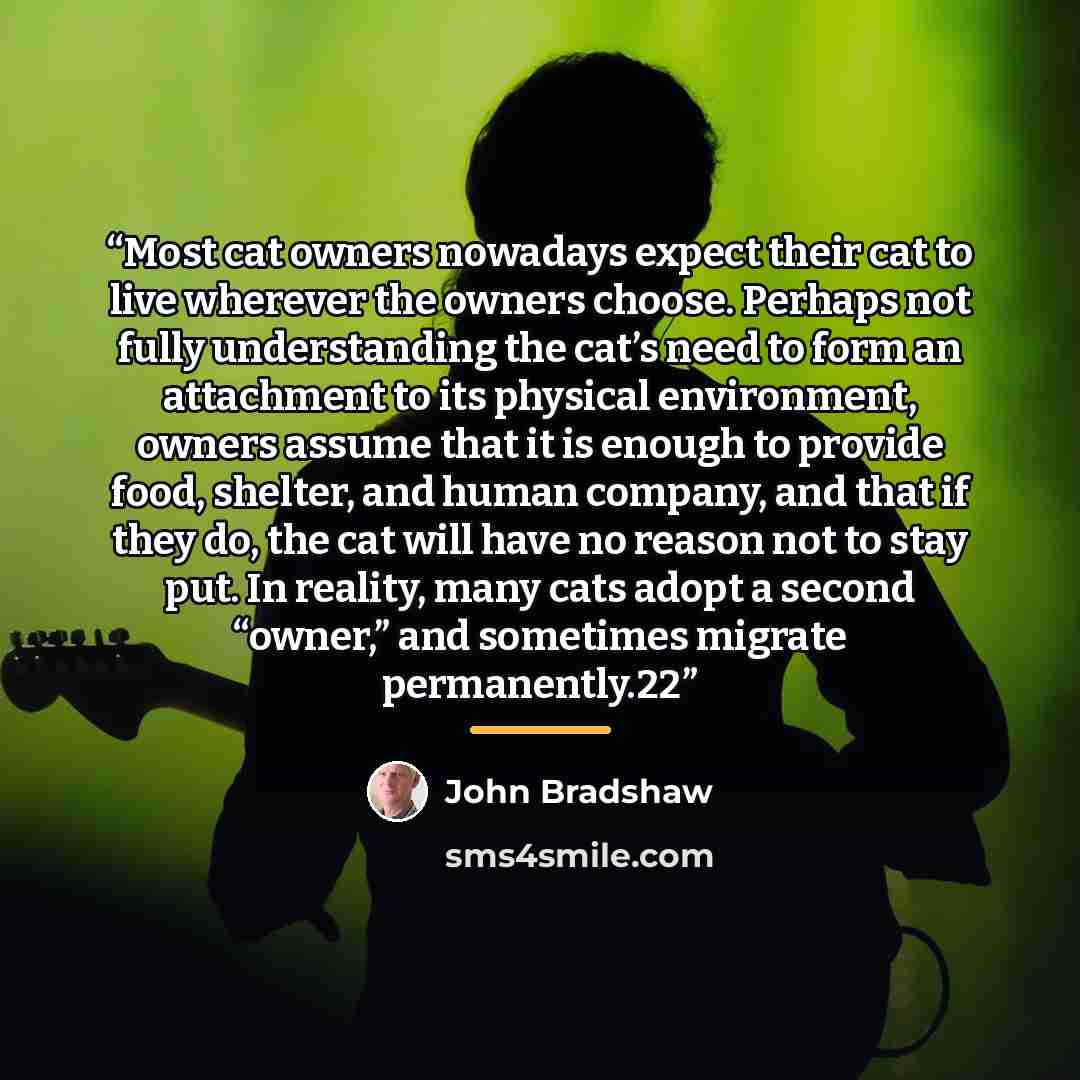 “Most cat owners nowadays expect their cat to live wherever the owners choose. Perhaps not fully understanding the cat’s need to form an attachment to its physical environment, owners assume that it is enough to provide food, shelter, and human company, and that if they do, the cat will have no…” quote by John Bradshaw