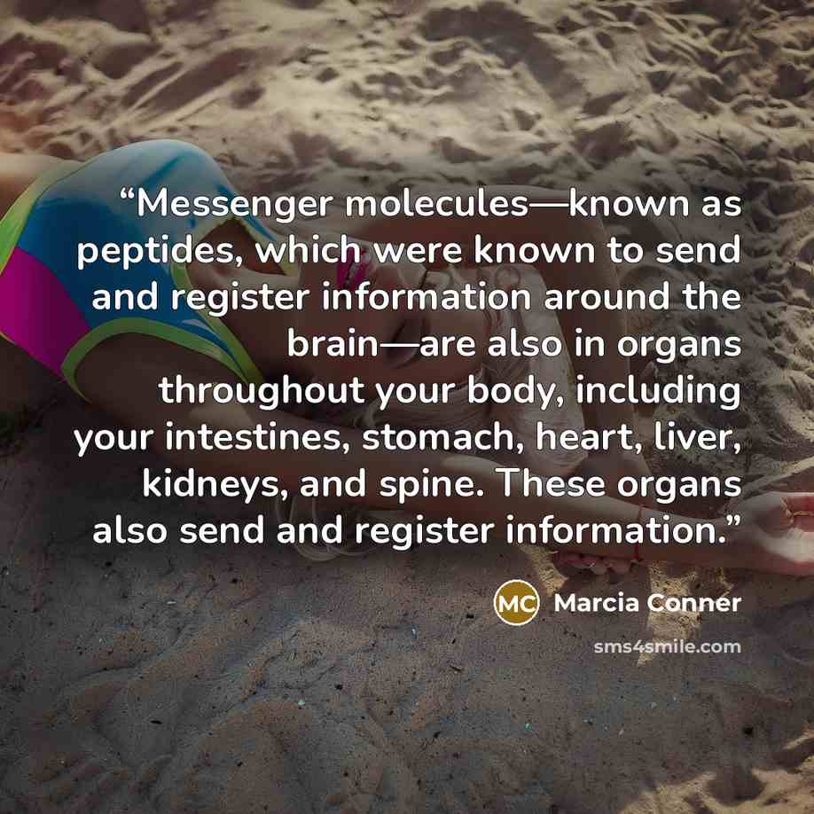 “Messenger molecules—known as peptides, which were known to send and register information around the brain—are also in organs throughout your body, including your intestines, stomach, heart, liver, kidneys, and spine. These organs also send and register information.” quote by Marcia Conner