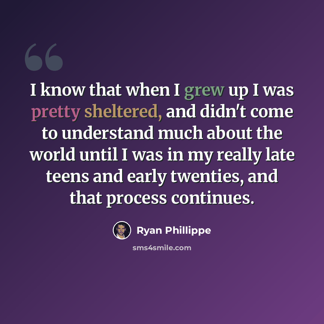 “I know that when I grew up I was pretty sheltered, and didn't come to understand much about the world until I was in my really late teens and early twenties, and that process continues.” quote by Ryan Phillippe