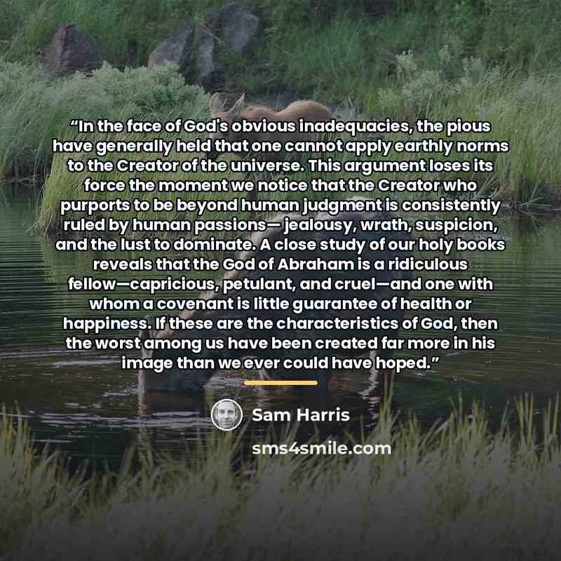 “In the face of God's obvious inadequacies, the pious have generally held that one cannot apply earthly norms to the Creator of the universe. This argument loses its force the moment we notice that the Creator who purports to be beyond human judgment is consistently ruled by human passions…” quote by Sam Harris